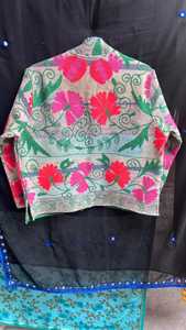Unique Indian Style Floral Embroidered <b>Tweed</b> <b>Jacket</b> Loose Fit Full Sleeve Boho Style Hand Embroidery Collarless Daily Wear - Product Image 3
