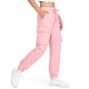 Pantalons en coton et élasthanne rose pour filles, taille élastique, uniforme scolaire pour adolescentes, coupe slim, style cargo. - Product Image 3