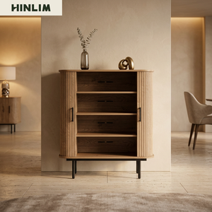 Mueble de Salón Moderno y Duradero de Madera, Diseño Mu-ji, Mueble de Almacenamiento con 4 Compartimentos, Puertas de Tablero y Patas de Metal Negro - Product Image 2