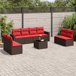 Set di divani da giardino in polyrattan marrone da 9 pezzi con cuscini, elegante collezione di mobili da esterno - Product Image 1