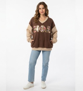 <b>Women's</b> Black <b>V</b>-<b>Neck</b> Oversized <b>Sweatshirt</b> With Glitter Greek Letters Sequined Front Full Sleeve Knitted Cotton Autumn Wear - Product Image 2