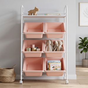 4 Tier Storage Cart with 6 Pink Bins Metal Frame <b>Rolling</b> Organizer for Home Office Use - Product Image 1