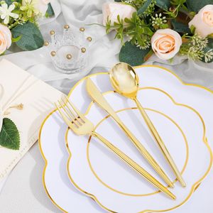 ชุดภาชนะพลาสติกสีขาวแบบใช้แล้วทิ้งสำหรับงานหนัก 180 ชิ้น รุ่น EI 30 ชุด รวมช้อนส้อมทองและเงิน สำหรับงานปาร์ตี้และงานอีเว้นท์ - Product Image 1