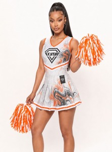 Ensemble de jupe d'uniforme de cheerleading OXYTAG blanc et orange, impression par sublimation, style adulte femme, prix de gros, uniforme d'équipe personnalisé OEM - Product Image 4