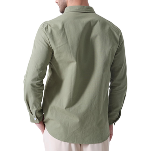 Chemise en lin vert pour homme, manches longues, couleur unie, col rabattu, style décontracté avec poches, respirante, coupe classique - Product Image 4