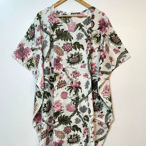 Nuevo Kaftán con Estampado Animal, Cuello en V, Cordón Ajustable, Manga Corta, Corte Evase, de Algodón Suave Indio, con Encaje, Largo Completo, para Playa, para Mujer - Product Image 1