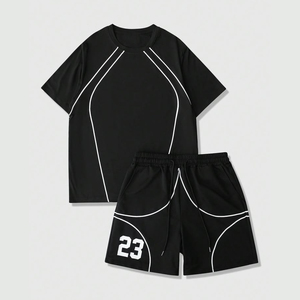 Men's Summer Breathable Casual Polyester Knitted Athletic Piping Sports <b>Tee</b> & Shorts Custom OEM Wholesale - Product Image 1