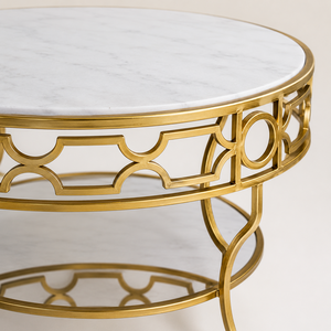 Elegant <b>Round</b> White Marble Coffee <b>Table</b> With <b>Gold</b> Metal Frame Decorative Circular Design Glass Shelf For Living Room Home Decor - Product Image 5
