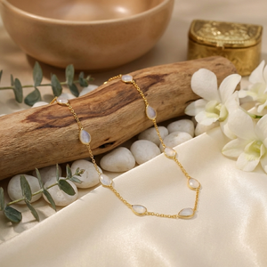 สร้อยคอพลอยมูนสโตนสีขาว |   สร้อยคอทรงลูกแพร์แบบเช็คเกอร์คัท ชุบทอง 18K ทำมือสำหรับผู้หญิง ความยาว 18 นิ้ว สไตล์ชาติพันธุ์ - Product Image 1