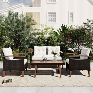 Set di Mobili da Giardino GO in 4 Pezzi, Divano in Rattan PE Marrone e Beige con Tavolo in Legno e Gambe, Set da Esterno per Patio - Product Image 1