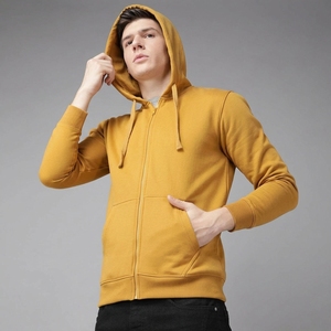 Sudadera con Capucha y Cierre de Cremallera para Hombre, Color Mostaza, Corte Regular, Color Sólido, Chaqueta Casual de Algodón Tejido, Ropa de Otoño, Hecho en Pakistán - Product Image 1