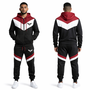 Custom 2026 Mens Black Red Hooded <b>Tracksuit</b> Set Zip-Up Hoodie & Jogger Pants Gym Training Sportswear OEM Activewear - Product Image 1