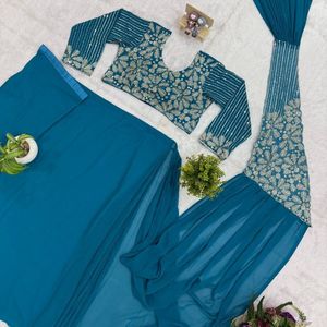 Magnifique sari en georgette prêt-à-porter avec blouse de créateur brodée de semi-perles, prix de gros par Royal Export - Product Image 3