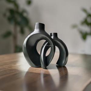 AG Elements Office Desk Black Ceramic <b>Vase</b> <b>Set</b> Glossy Glazed Scandinavian Minimalist Modern Abstract Decorative <b>Vase</b> Table - Product Image 5
