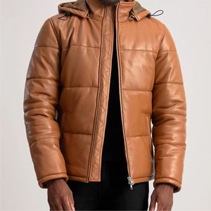 Veste matelassée à capuche en cuir PU marron pour homme, coupe-vent, épaisse, matelassée, décontractée, fermeture éclair, coupe régulière, veste en cuir - Product Image 1