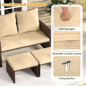 Conjunto de Muebles de Patio para Exteriores con Sofá de Dos Plazas de Ratán PE y 2 Otomanas con Cojines Extraíbles en Estructura Metálica - Product Image 5