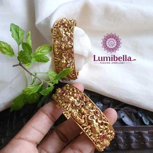 Women's Antique Gold Plated Lakshmi Kada <b>Bangles</b> with <b>Jade</b> Bezel Setting for Wedding-Nova Mart - Product Image 1