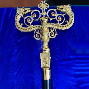 Crosse de Luxe en Laiton Faite à la Main pour Évêque, Bâton Religieux Cérémoniel Doré avec Motif Dragon Ornamenté, Fournitures d'Église - Product Image 1