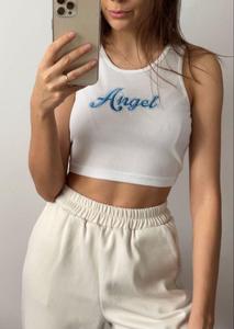 <b>Angel</b> Script Embroidered White Cotton Rib Knit Crop <b>Top</b> Women Summer Sleeveless Crew Neck Tank Vest Streetwear Apparel - Product Image 1