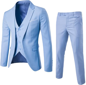 Costume trois pièces bleu clair pour homme, coupe ajustée, tenue de cérémonie professionnelle, simple boutonnage, col à revers, infroissable, en polyester - Product Image 1