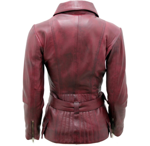 Women's Genuine Leather Moto Jacket Solid Burgundy Color <b>Zipper</b> Closure With Belt And Pockets Full Sleeve Autumn Style - Product Image 2