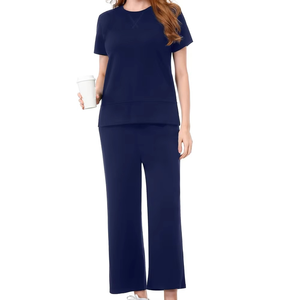 Conjunto Deportivo Casual Azul Marino para Mujer, Manga Corta, Cuello Redondo, Corte Holgado, Pantalones hasta el Tobillo, Bolsillos Laterales, Ropa de Verano - Product Image 2