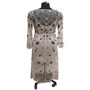 Designer Embroidered Maxi A-Line V-neck 100% Polyester Luxury Beaded Floral Embellished Bridal Wedding Dress <b>White</b> Long Sleeve - Product Image 5