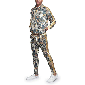 Survêtement pour homme à imprimé floral, fermeture éclair intégrale, col montant, coupe classique, polyester, vêtements décontractés d'été avec poches latérales - Product Image 5