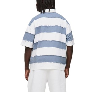 T-shirt pour homme à rayures rugby, panneau à bords effilochés, manches courtes, coton, streetwear, marque privée, fabricant OEM - Product Image 4