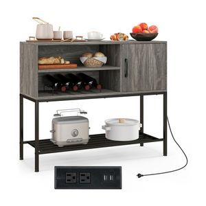 Midcentury Rustic Brown <b>Sideboard</b> with 2 AC Outlets 2 USB Ports Charging Buffet Cabinet with Wine Rack for Villa or Farmhouse - Product Image 1