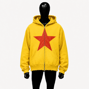 <b>Yellow</b> Oversized Zip Up <b>Hoodie</b> With Red Star Print Distressed Edge Streetwear Unisex Loose Fit Full Zipper Hooded Sweatshirt Fit - Product Image 1