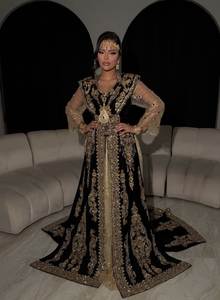 Caftán negro con bordado dorado, caftán largo hasta el suelo, vestido de caftán tradicional para boda para mujer @ 2026 - Product Image 2