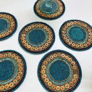 Handmade Round Beaded <b>Coaster</b> With Wood Buttons Blue And Brown Design For Table Decor - Product Image 3