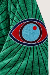 Manteau vert à col mandarin et manches chauve-souris avec motif oculaire brodé pour adultes, style bohème, vêtement d'extérieur décontracté pour l'automne - Product Image 3