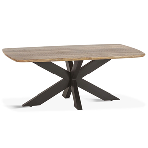 Table basse ovale en bois de manguier massif industriel avec plateau incurvé et pieds pliants en métal en forme d'araignée, finition brute noire et naturelle - Product Image 1