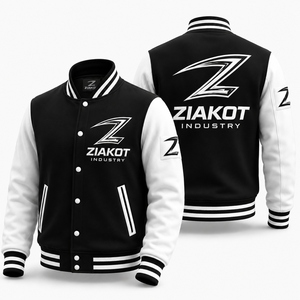 ZIAKOT Men's Black Blue <b>White</b> Varsity <b>Jacket</b> With <b>White</b> Logo Heat Transfer Printing Casual Autumn Wear - Product Image 3