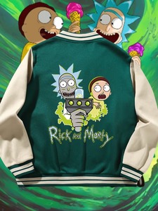 Rick And Morty Varsity <b>Jacket</b> <b>Men</b> Green Beige Sleeve Printed Character Design High Quality Casual College Style Streetwear OEM - Product Image 6