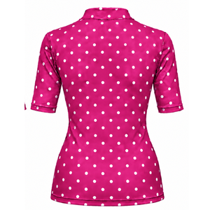 <b>Pink</b> Polka Dot Women Mock Neck Short Sleeve T Shirt Slim Fit Casual Printed Stretch <b>Top</b> Fashion Summer Apparel Wholesale - Product Image 2