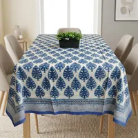 Nappe carrée en coton avec motif végétal bleu imprimé à la main, design minimaliste pour la décoration intérieure, lavable, tissage artisanal