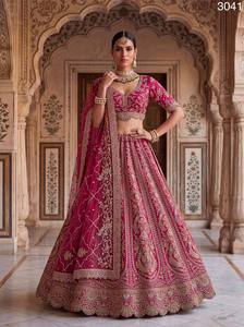 Indian Bridal <b>Lehenga</b> Set Velvet Netted Dupatta Zardosi Embroidered Wedding Dress Bride Outfit - Product Image 3
