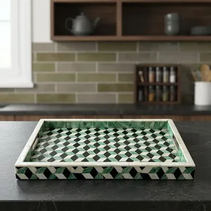Plateau de service décoratif fait main en os incrusté avec motif mosaïque vert, plateau rectangulaire pour table basse et décoration intérieure - Product Image 1
