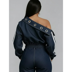 Conjunto de un solo hombro con adornos de ojales en azul denim - Product Image 2