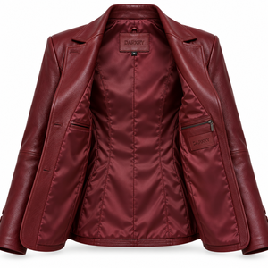 Women Single <b>Button</b> Maroon Leather Blazer Notch Lapel Flap Pocket Formal Fitted <b>Coat</b> Outerwear Custom OEM Service Provider - Product Image 5