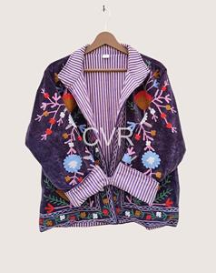 Manteau en velours pour femmes grandes tailles, col mandarin, manches longues, broderie florale à la main, style bohème - Product Image 2