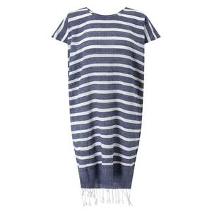 Vestido Kaftán de Verano Informal para la Playa, Tejido con Rayas Bohemias Ecológicas de Algodón Teñido con Hilo, Cuello en V, Flecos, Transpirable - Product Image 3