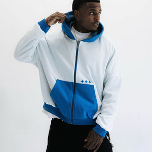 Men's <b>White</b> Blue Color Block Zip Up Hoodie Regular Fit Waffle Casual Hooded <b>Sweatshirt</b> - Product Image 1