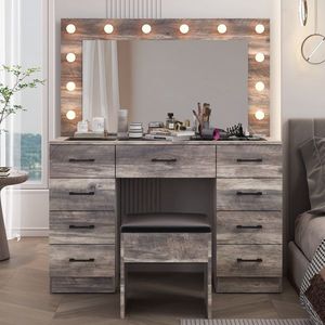 Large Lighted 12 LED Mirror Makeup Vanity Desk Set with 9 Drawers Glass Top Vanity Table with Power Outlet - Product Image 2