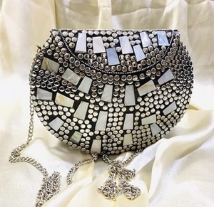 Folk Art Metal Clutch <b>Bag</b> With Silver Plated <b>Studs</b> And Colorful Enamel Tiles Irregular Shape Craft - Product Image 3