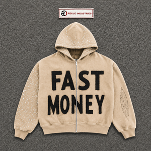 เสื้อฮู้ดซิปสีเบจสำหรับผู้ชาย ลายกราฟิก FAST MONEY ทรงโอเวอร์ไซส์ ผ้าฟลีซ แขนประดับคริสตัล สไตล์สตรีทแวร์ลำลอง - Product Image 5
