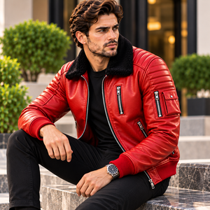 Blouson de moto en cuir rouge pour homme avec col en fourrure de mouton, manches rembourrées, vêtement de motard haut de gamme - Product Image 1